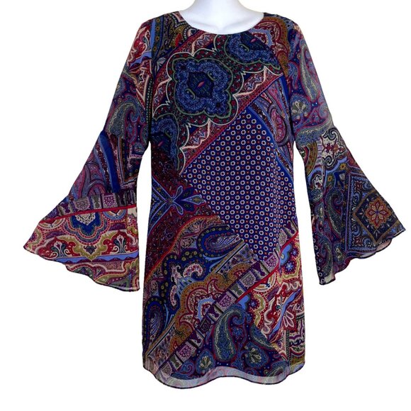 Highline Mini Shift Dress Multicolor Boho Paisley Chiffon Sheer Bell Sleeves - Picture 1 of 7